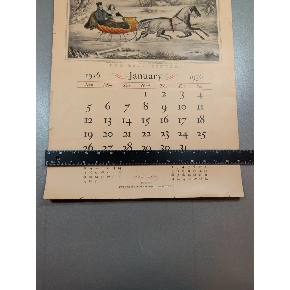 Vintage 1936 The Travelers Insurance Currier &‎ Ives Wall Calendar Hartford CT
